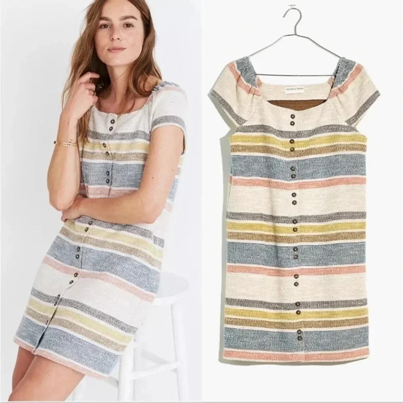 NWT‎ Madewell TextureThread Cap-Sleeve Dress Stripe XL 100% Cotton 0224 - Picture 1 of 15